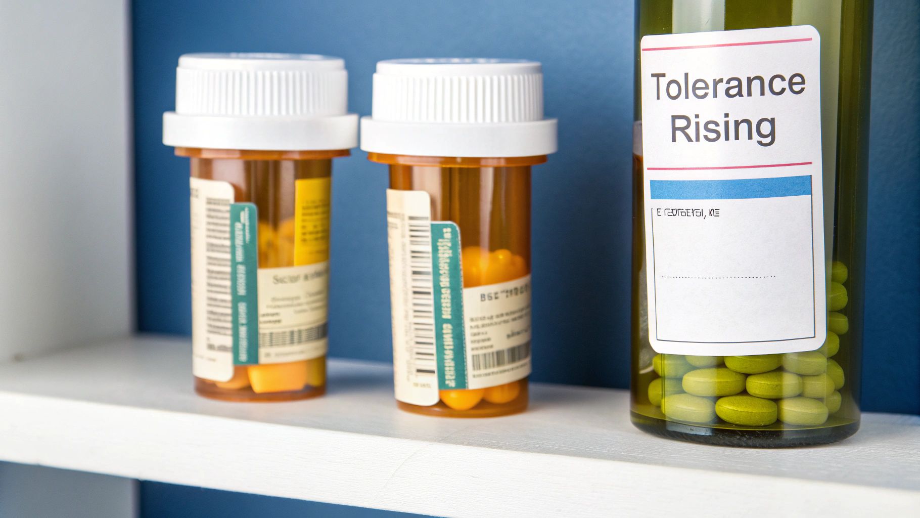A person's hand holding a single pill with a glass of water nearby, symbolizing medication and dosage.