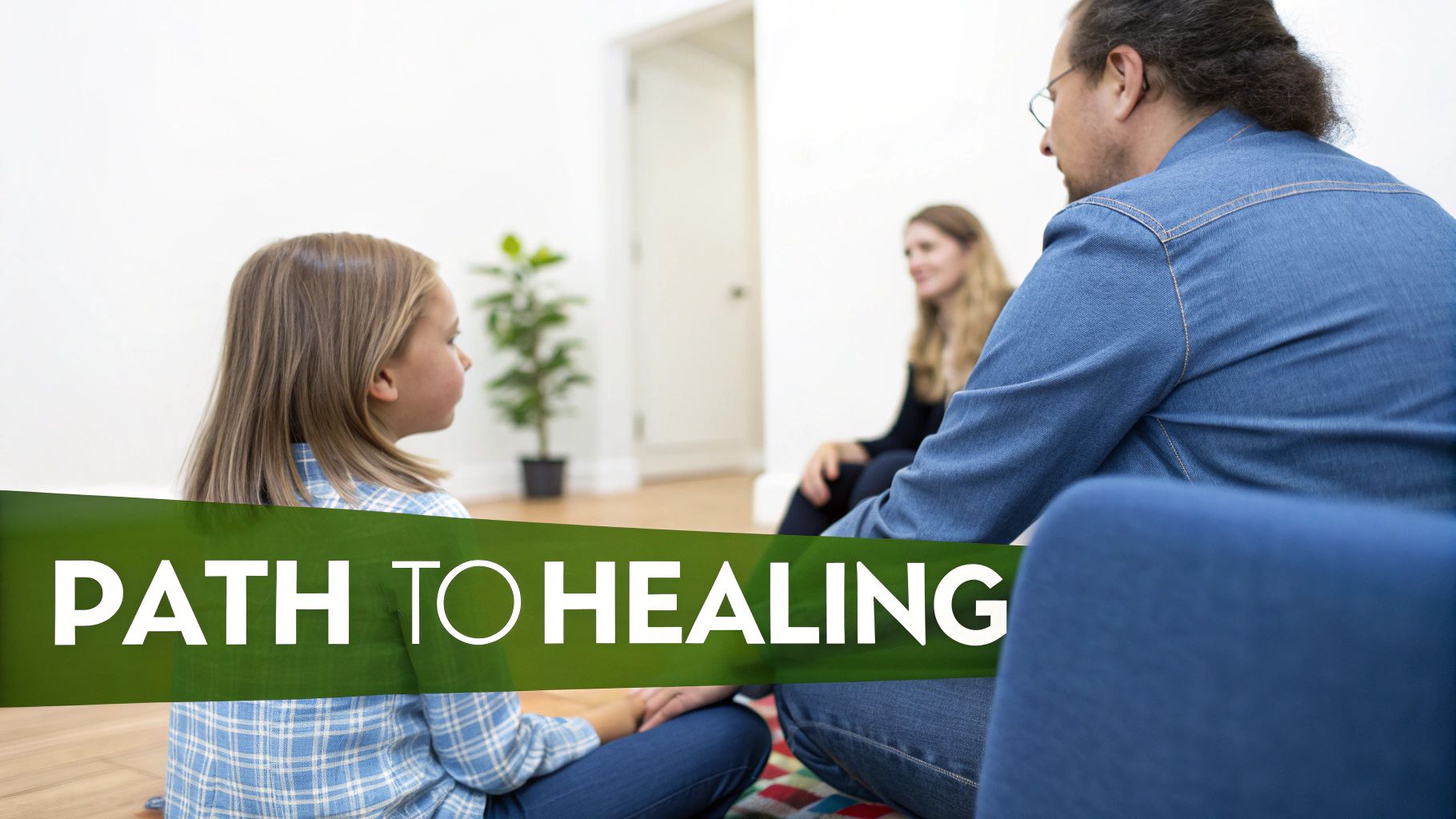 Two people sitting on a dock, looking out at a calm lake, symbolizing peace and healing.