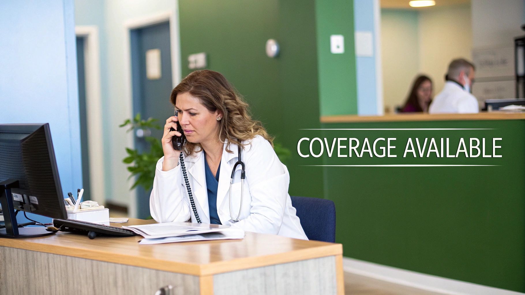 Female healthcare professional talking on the phone at a desk in a medical office, with 'COVERAGE AVAILABLE' text overlaid.