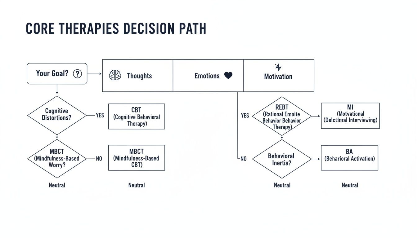 Flowchart illustrating core therapies decision path based on thoughts, emotions, and motivation.