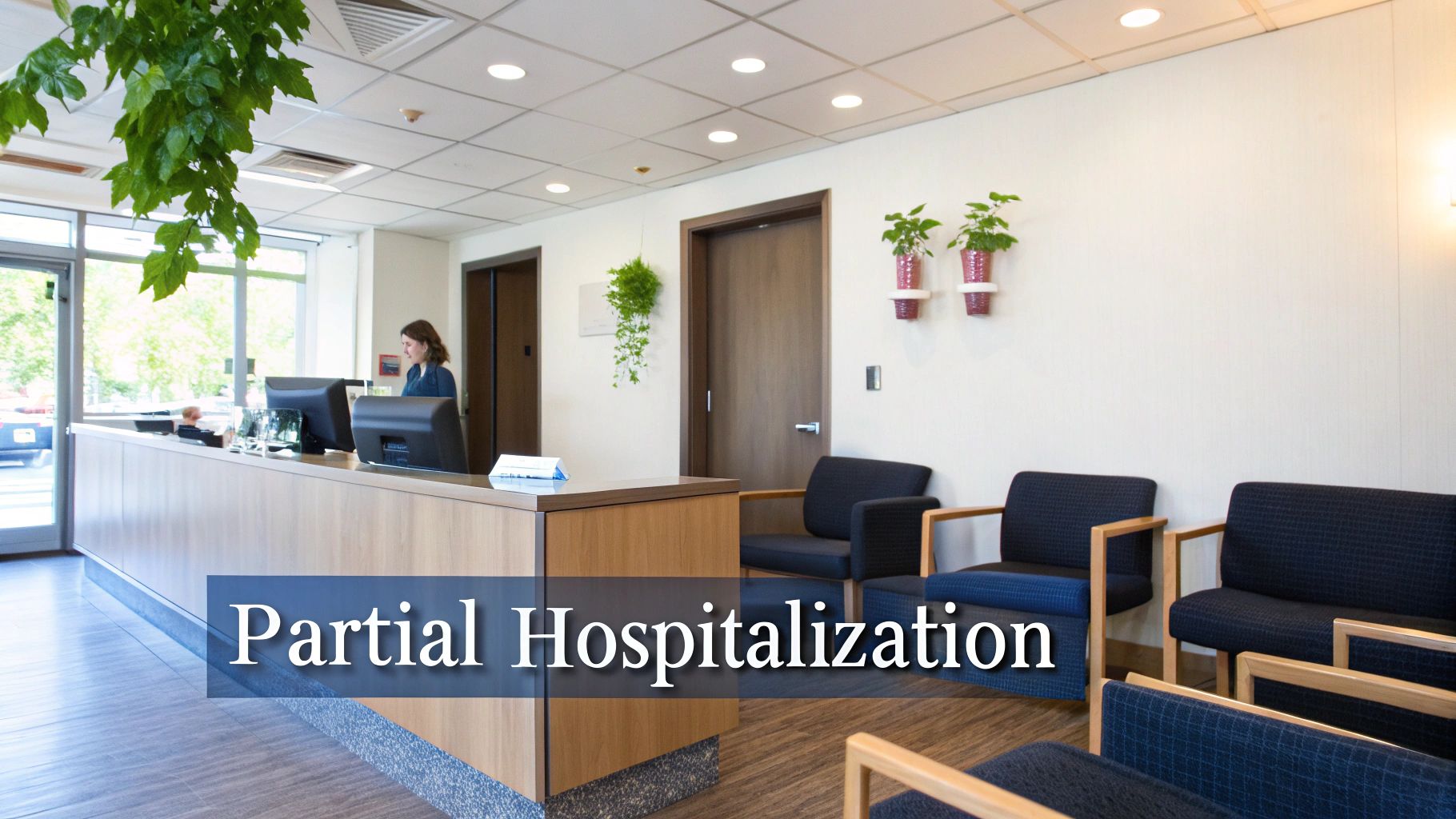 A brightly lit, modern partial hospitalization program reception area with a wooden desk, staff, and waiting chairs.