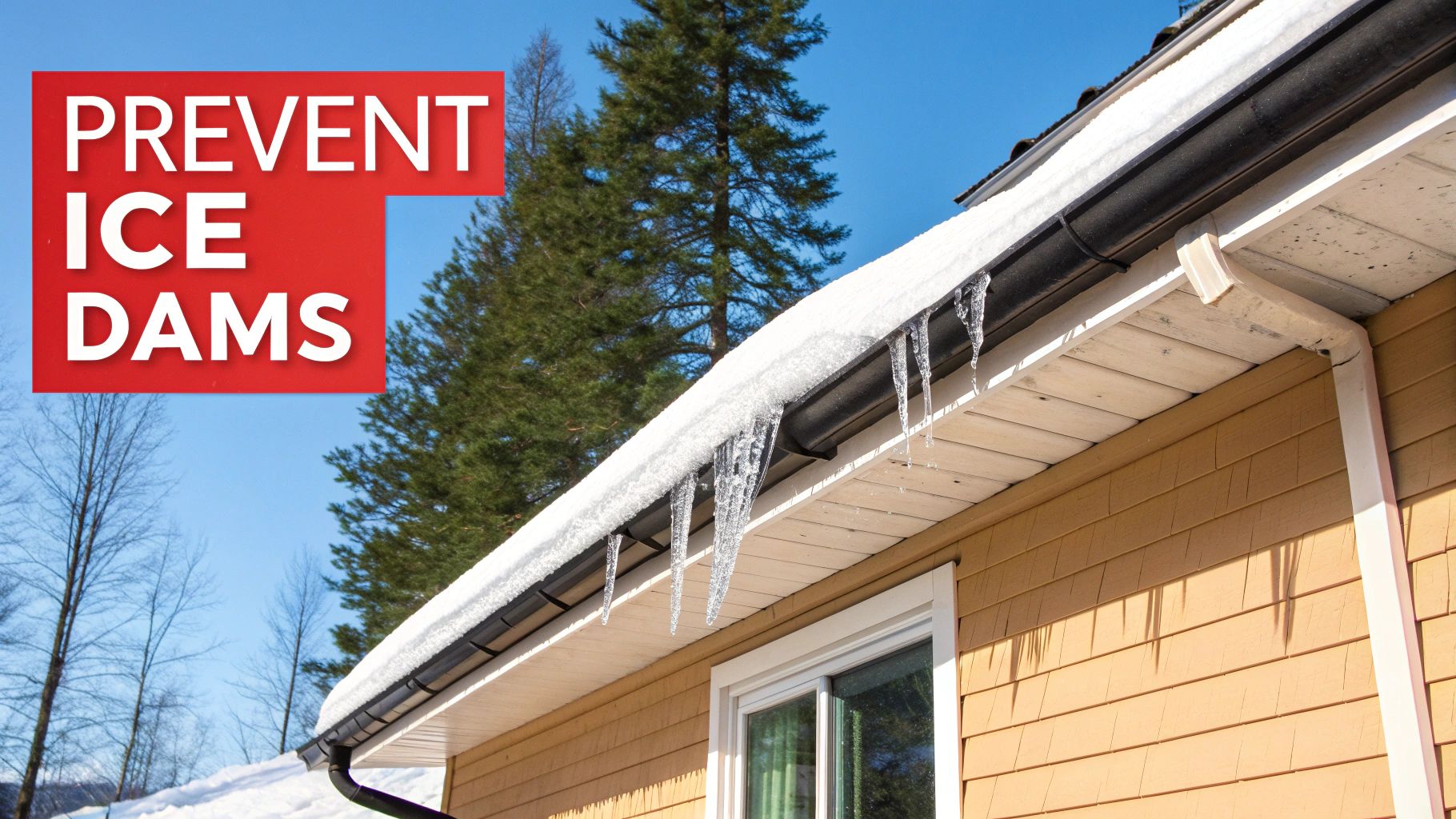 Roof with snow, icicles on gutters, and a red sign saying 'PREVENT ICE DAMS'.