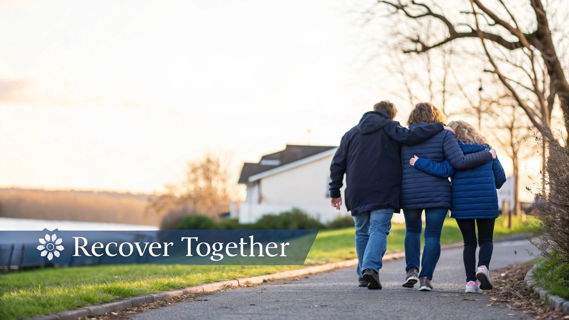 A family of three walks arm-in-arm on a path, symbolizing support and recovery together.