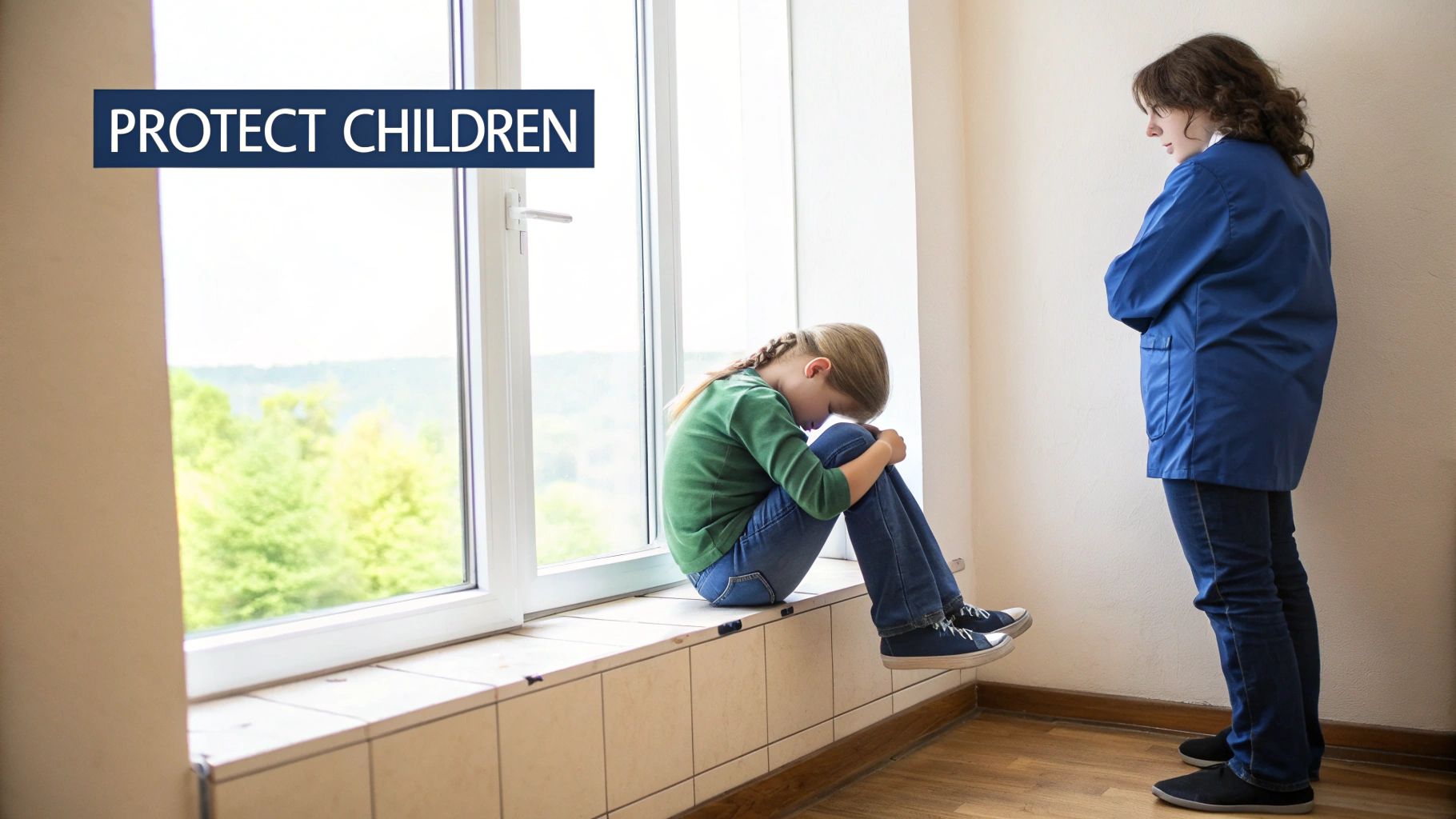 A sad child sitting alone on stairs, looking downcast and lonely.