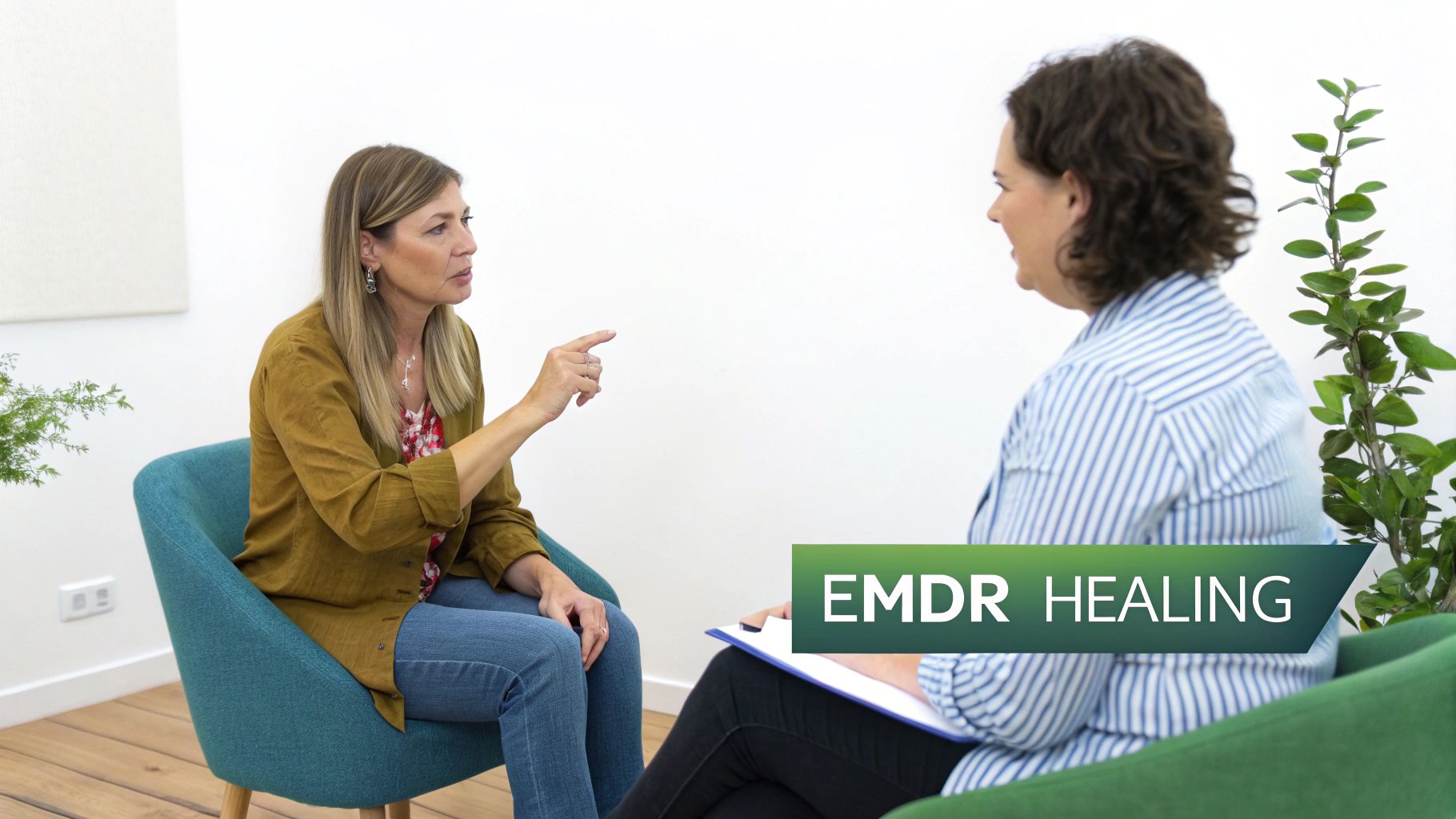Two women in a therapy session, one discussing with gestures, the other listening, with 'EMDR HEALING' overlay.