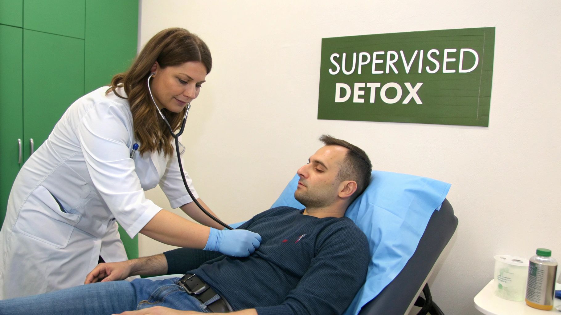 A female doctor with a stethoscope examines a male patient lying on a bed in a supervised detox clinic.