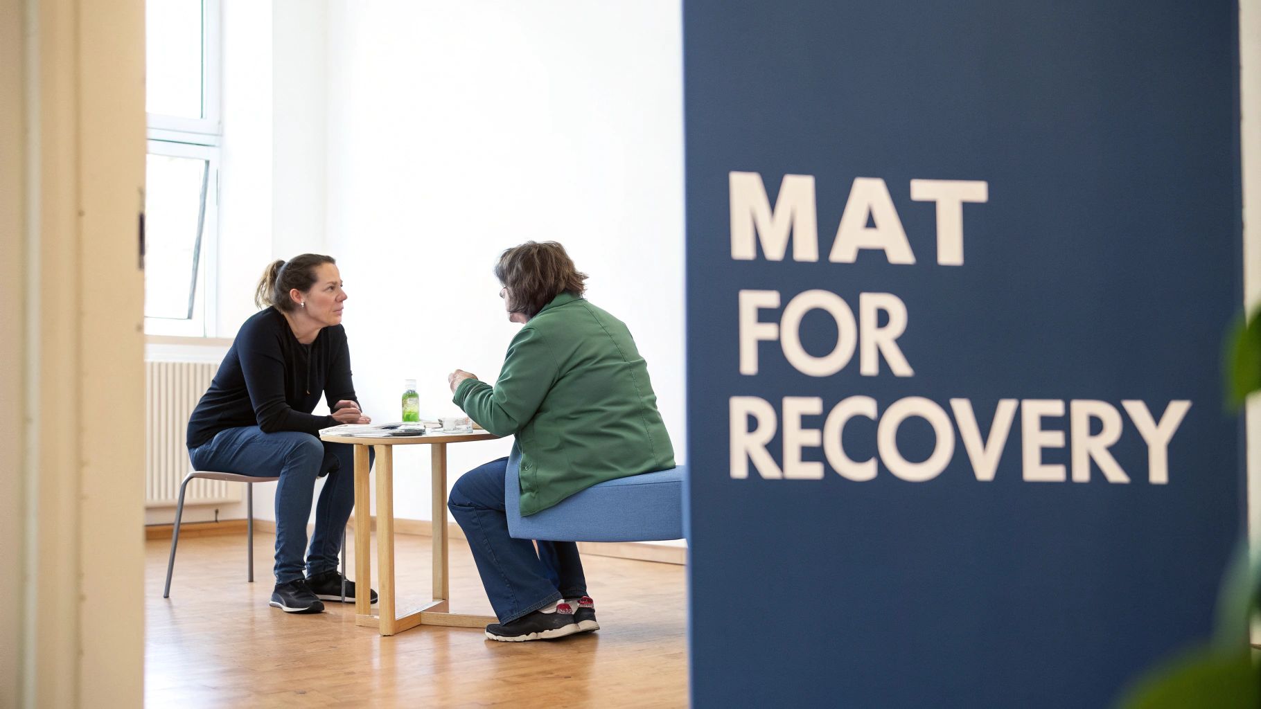 A doctor discusses a treatment plan with a patient in a bright, modern office.