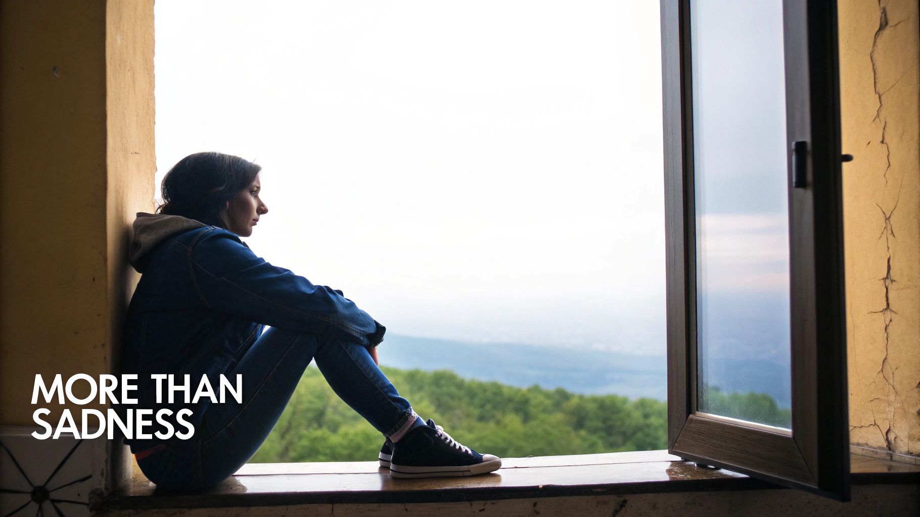 Young woman sitting alone in doorway looking sad, depicting depression and mental health struggles