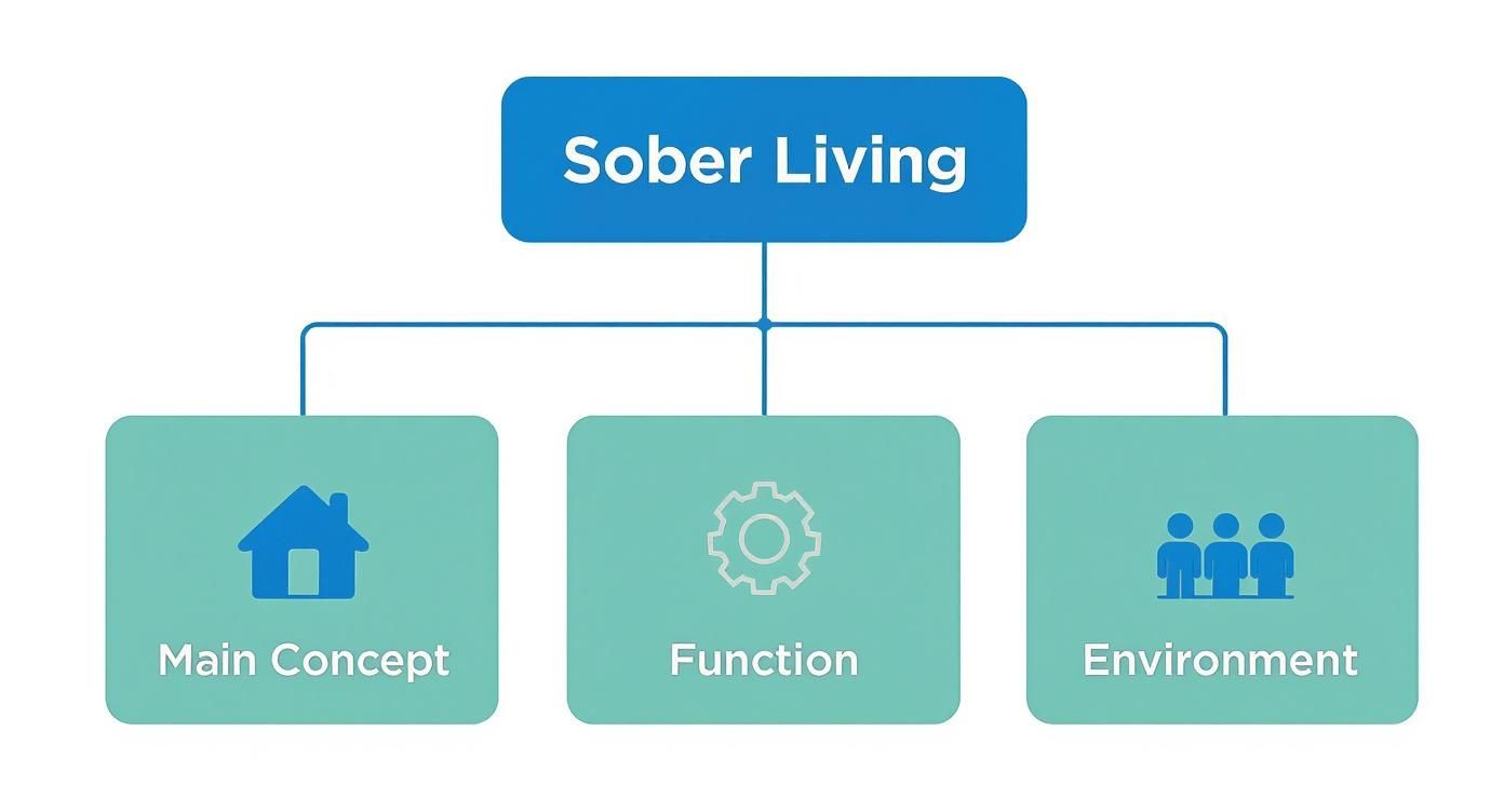 A diagram illustrating 'Sober Living' broken down into Main Concept, Function, and Environment with icons.