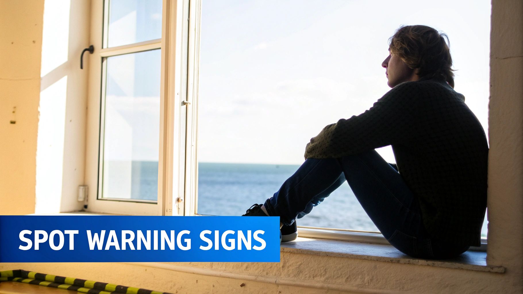A person looking thoughtfully out a window, symbolizing introspection and the early stages of recovery.