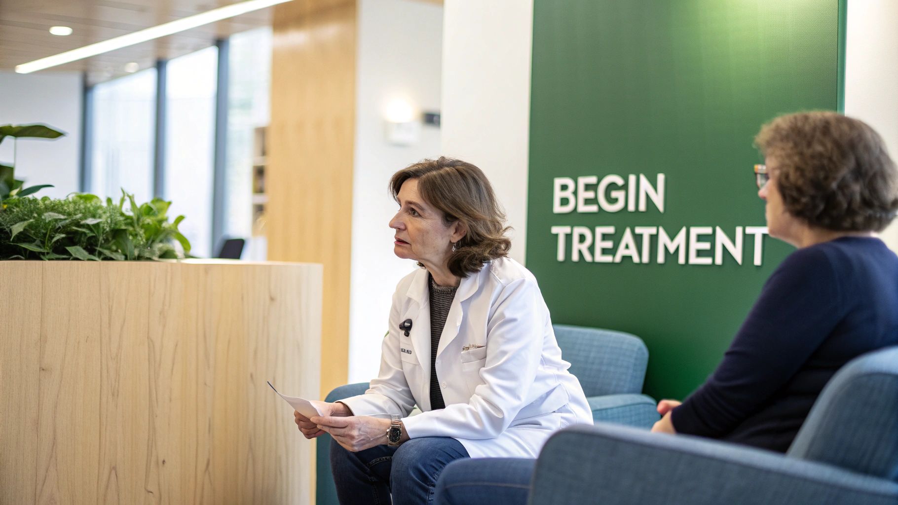 A compassionate therapist listens intently to a patient during an individual counseling session in a calm, professional office.