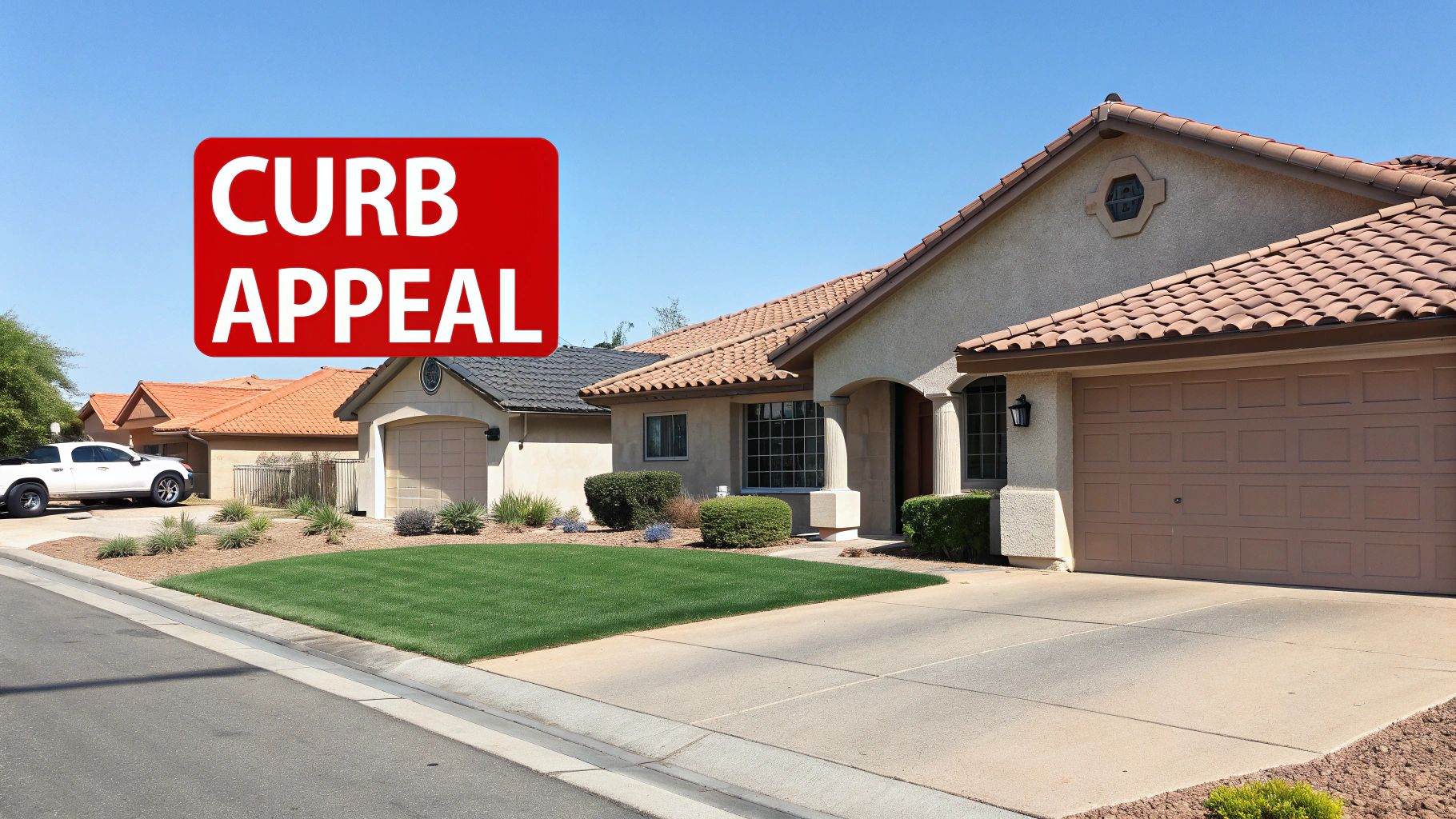 Street view of houses with clay tile roofs and manicured lawns, with a prominent 'CURB APPEAL' sign.