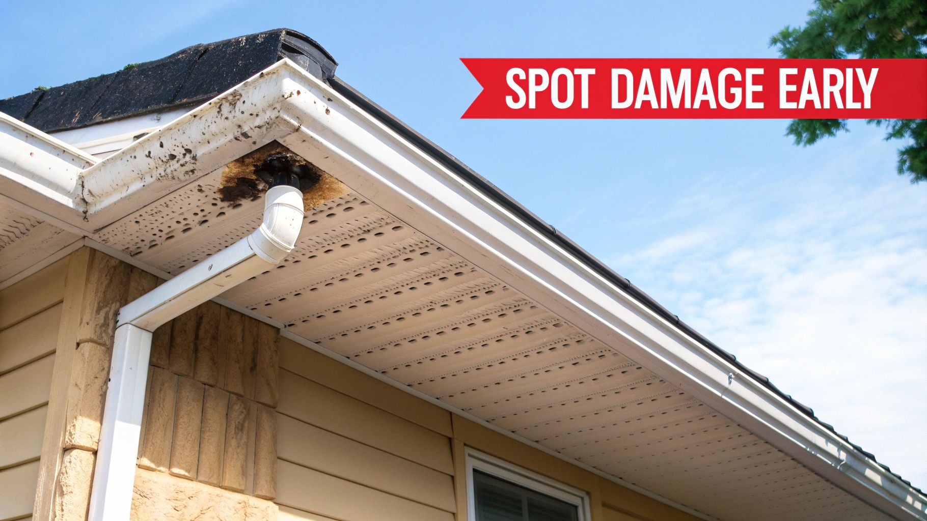 Close-up of a house's damaged white gutter, fascia, and soffit with extensive water stains and a downspout.
