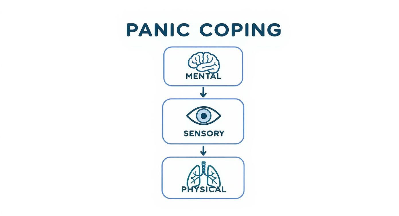 Diagram showing three levels of panic coping strategies: mental, sensory, and physical approaches