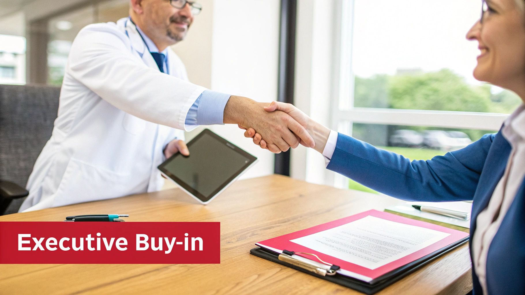 A diverse group of professionals in a healthcare setting are gathered around a table, actively discussing and planning.
