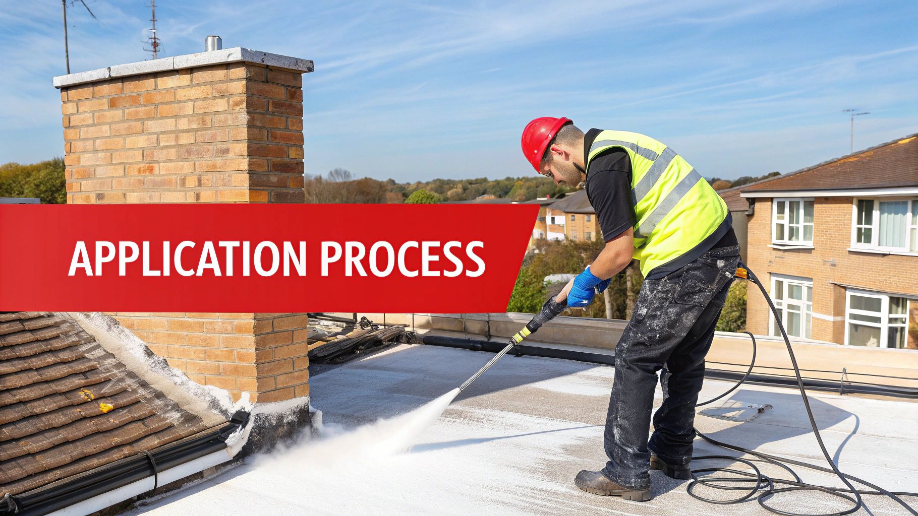 A roofing professional applying a smooth layer of white elastomeric coating on a commercial roof.