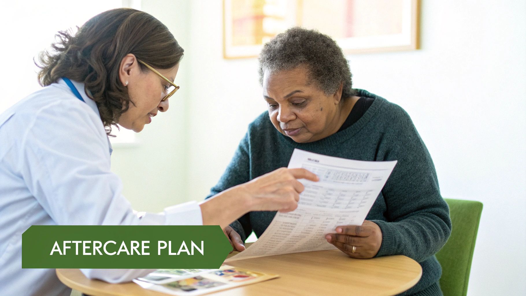 A healthcare professional explains an aftercare plan to a senior patient, pointing at a document in a clinic.