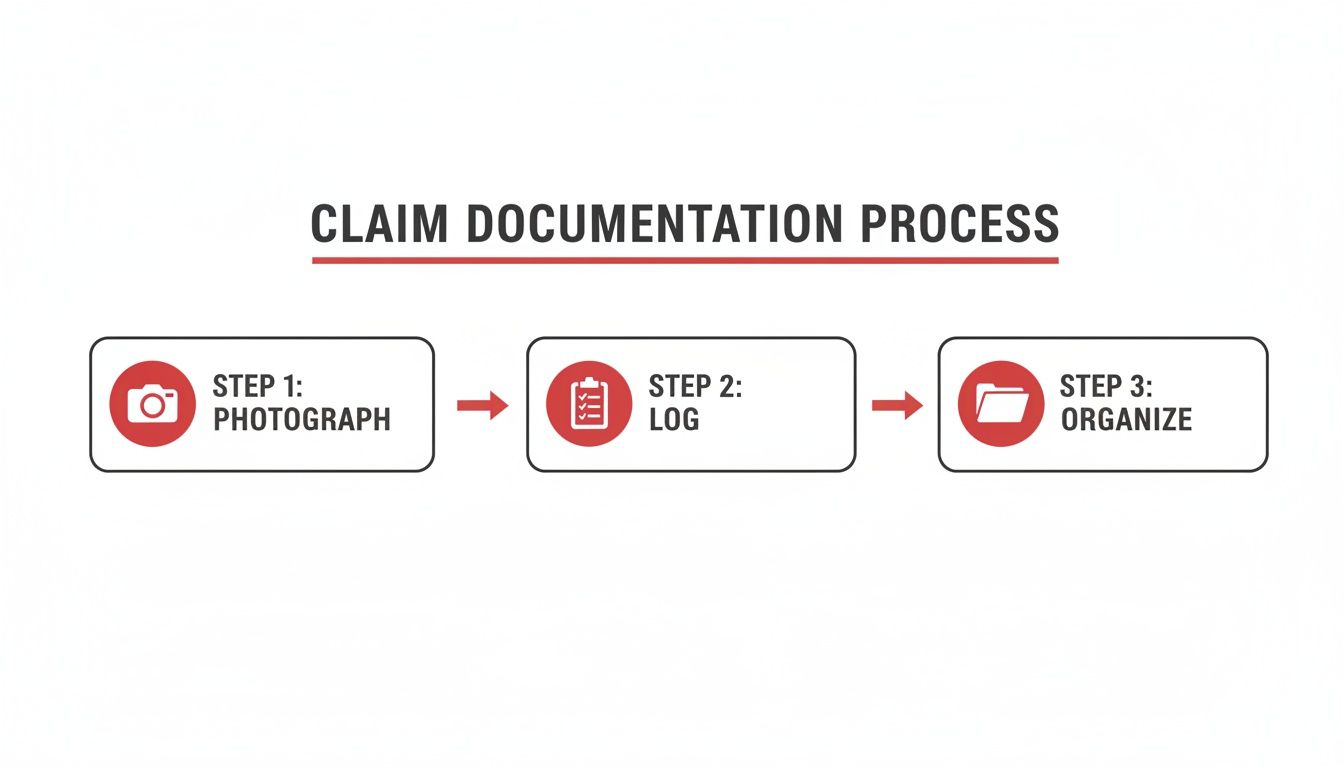 Infographic outlining a three-step claim documentation process: photograph, log, and organize documents.