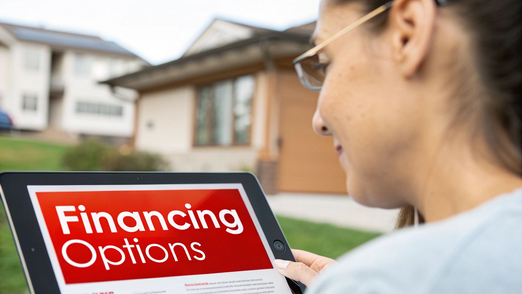 A homeowner reviews financing paperwork at their kitchen table with a tablet and calculator.