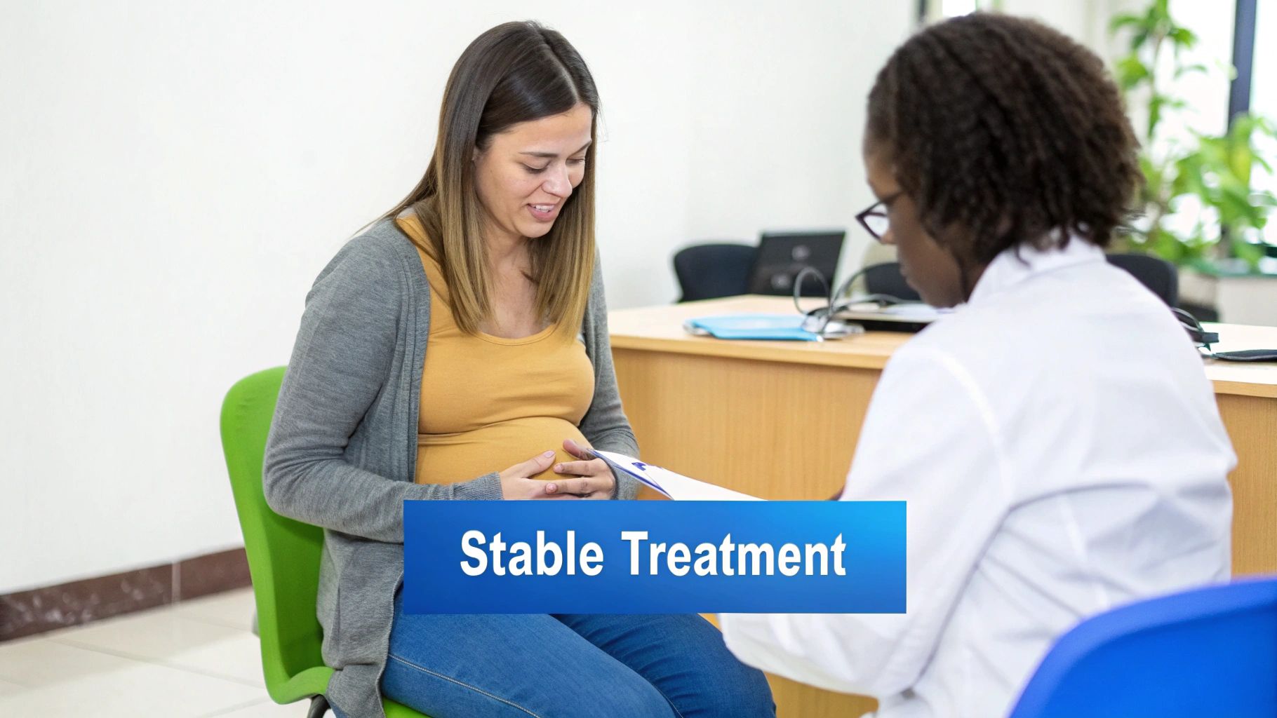 Pregnant woman holding her belly in a calm, supportive setting