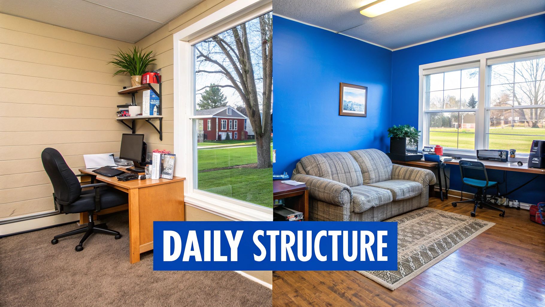 A calm, structured room in a rehab facility with a neatly made bed and a window letting in soft light.