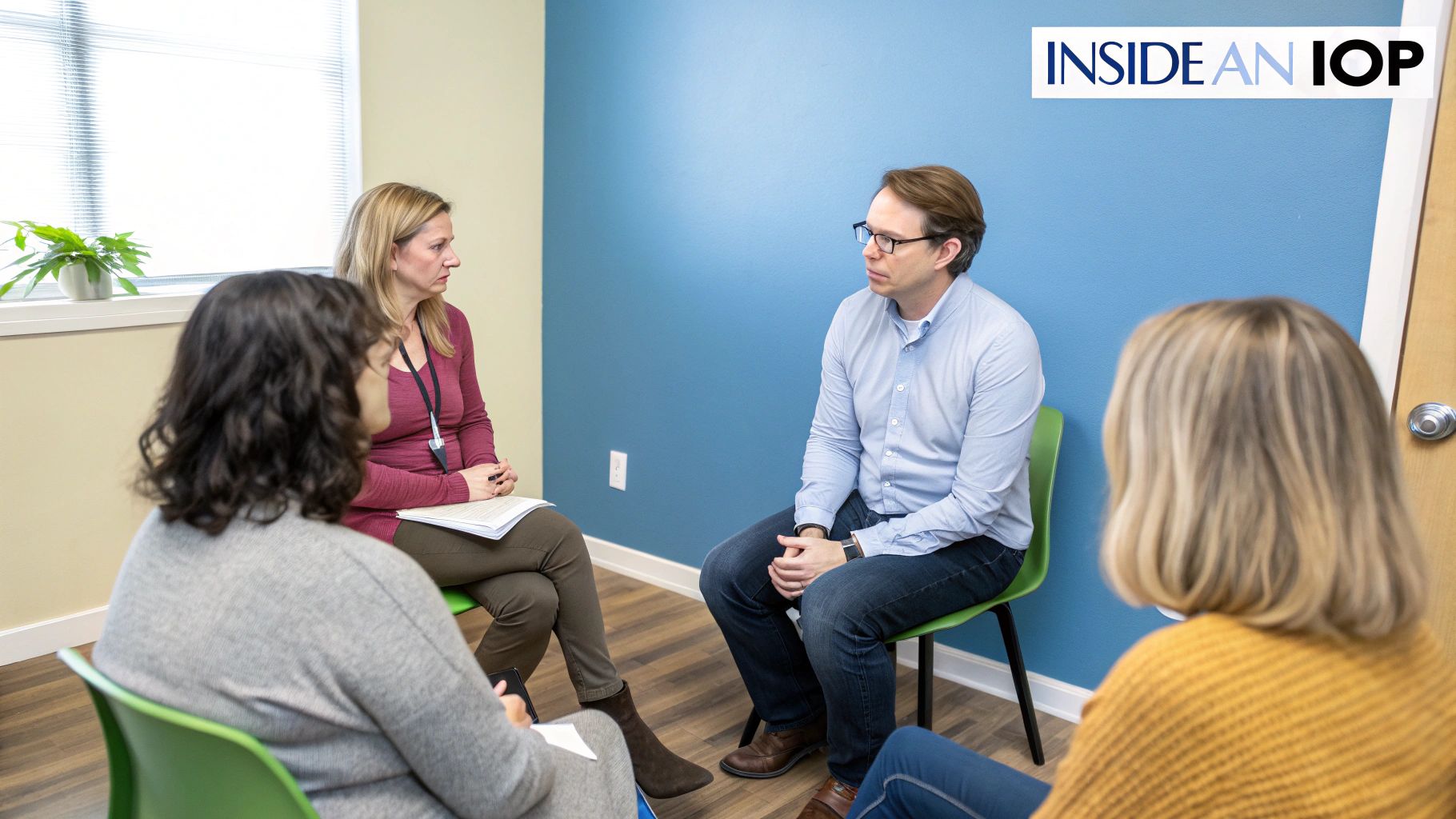 A diverse group of people sitting together in a circle, engaged in a group therapy session.