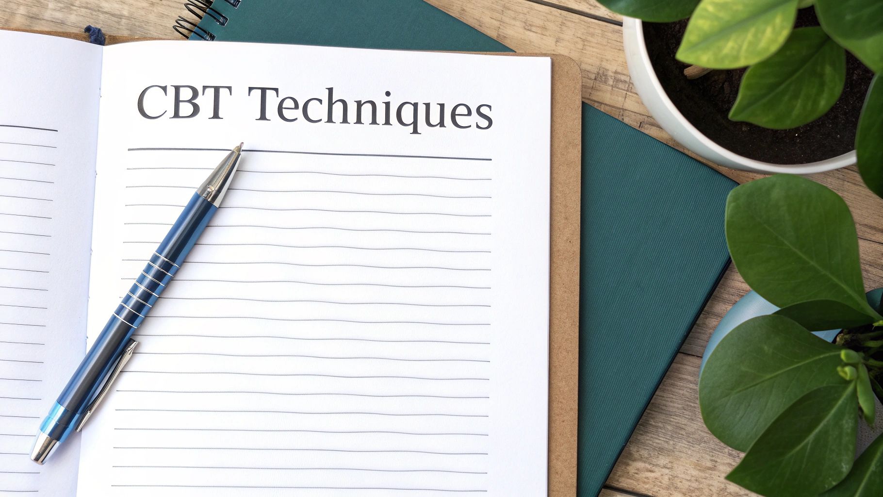An open notebook titled 'CBT Techniques' with a pen, ideal for therapy notes or journaling.