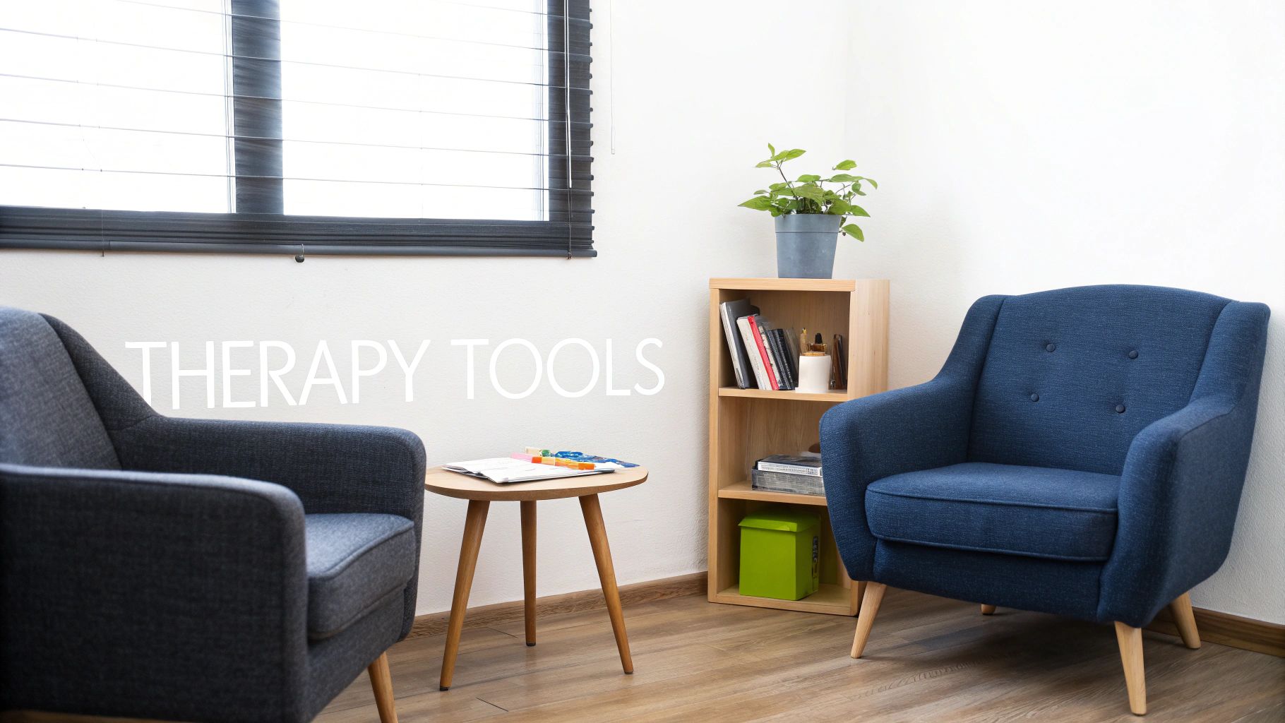 A professional mental health services room featuring two cozy chairs and a minimalist bookshelf.