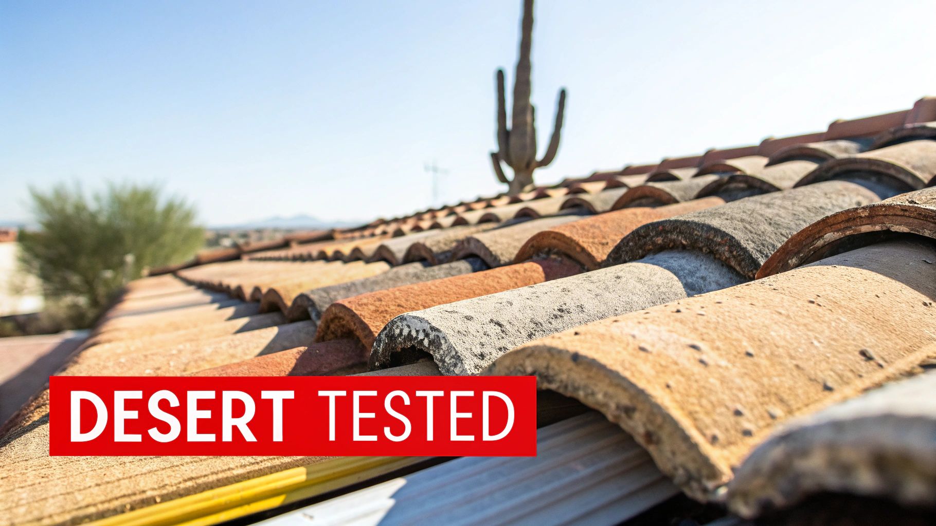 Close-up of weathered, desert-tested clay roof tiles under a clear sky with a saguaro cactus.