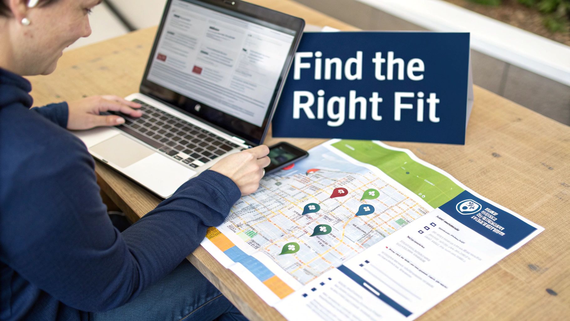 A person uses a laptop and smartphone, examining a map with location pins. A sign says 'Find the Right Fit'.