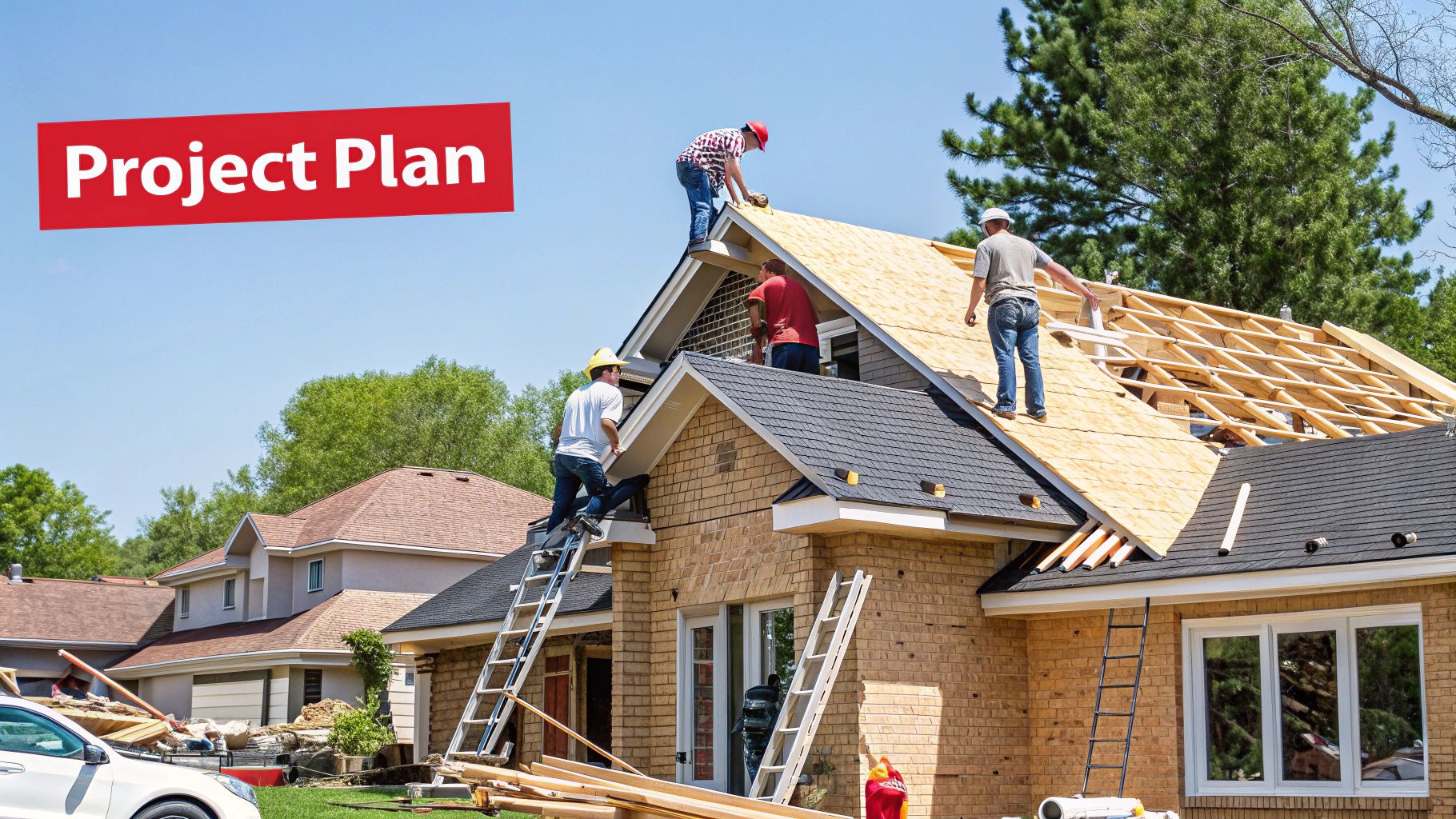 A professional roofer explaining a project plan to a homeowner.