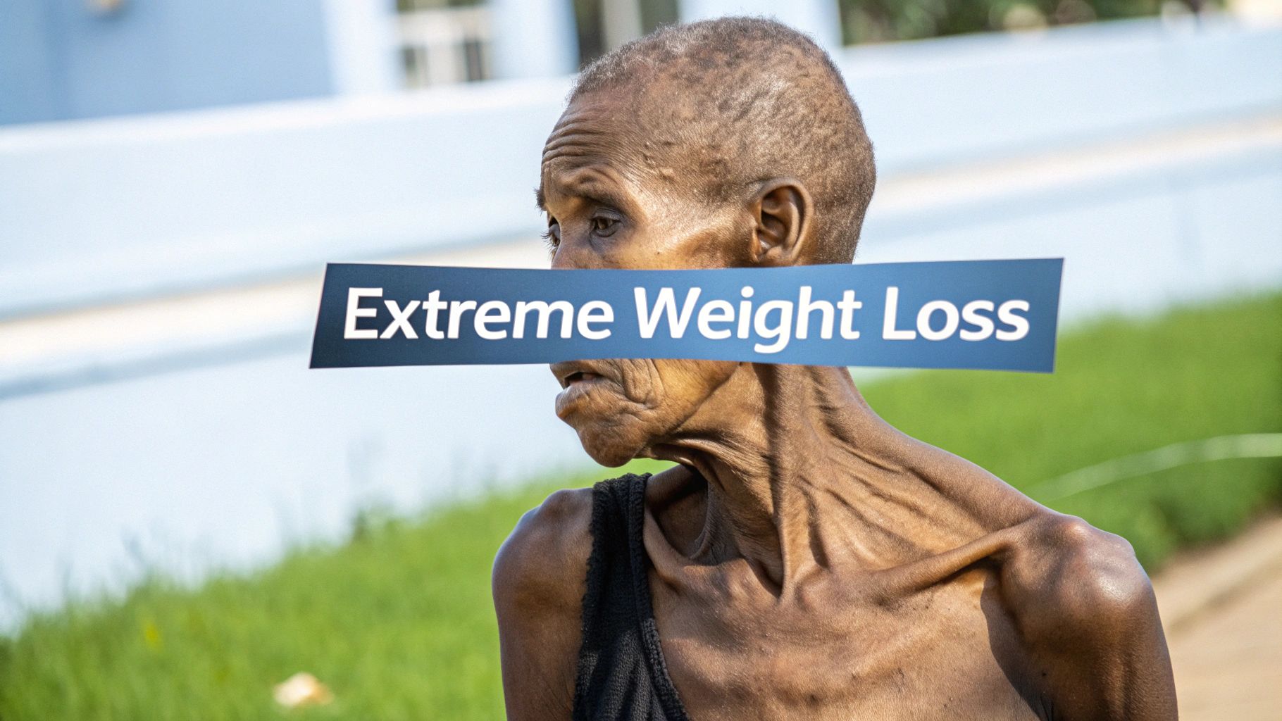 Close-up of an extremely emaciated person showing signs of severe weight loss or malnutrition.