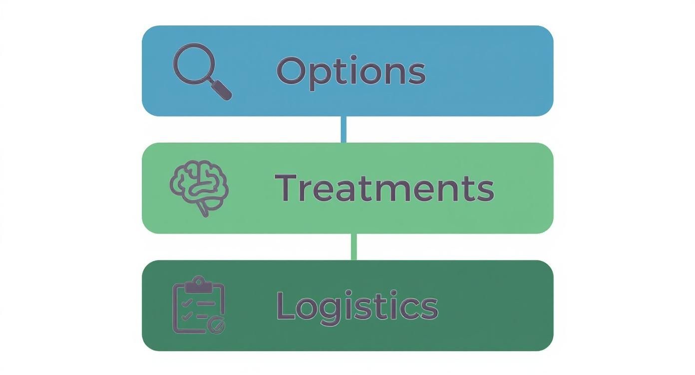 A three-tier diagram presenting Options with a magnifying glass, Treatments with a brain, and Logistics with a clipboard.