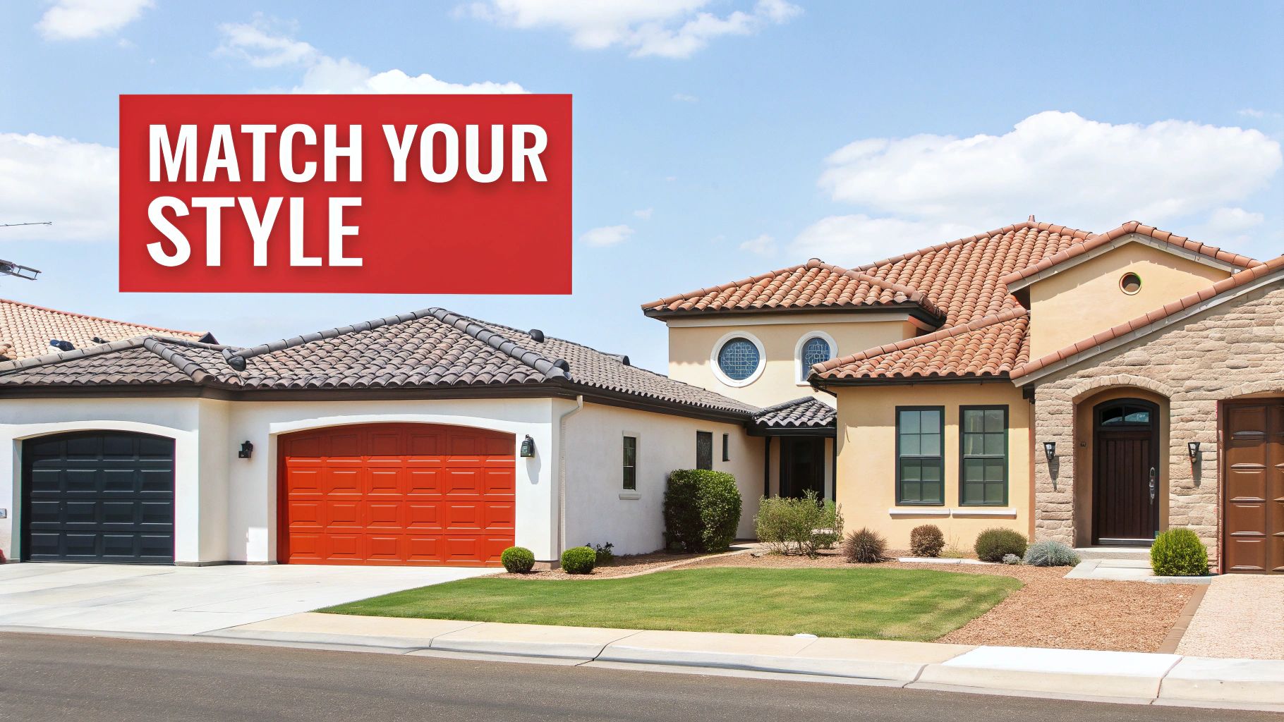 Two Mediterranean-style houses with concrete or clay tile roofs and different colored garage doors. A red banner says 'MATCH YOUR STYLE'.