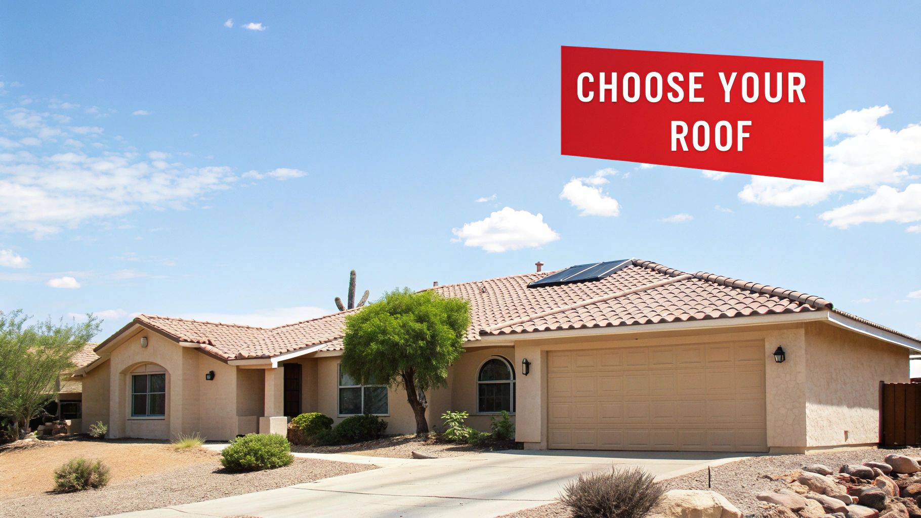 Southwestern style single-story home with terracotta tile roof and desert landscaping under blue sky