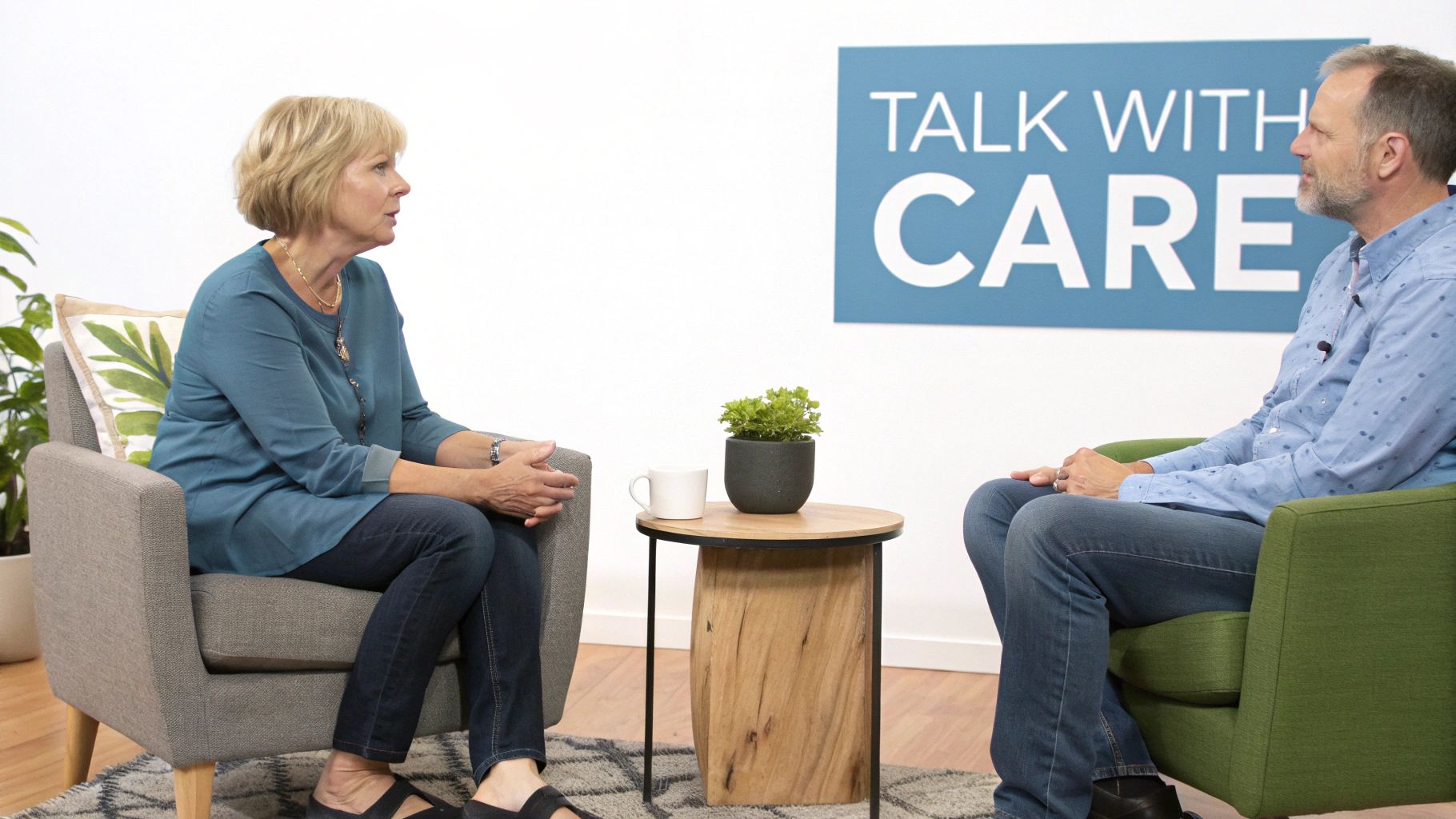 A woman and a man sit in armchairs, facing each other, engaged in a serious conversation.