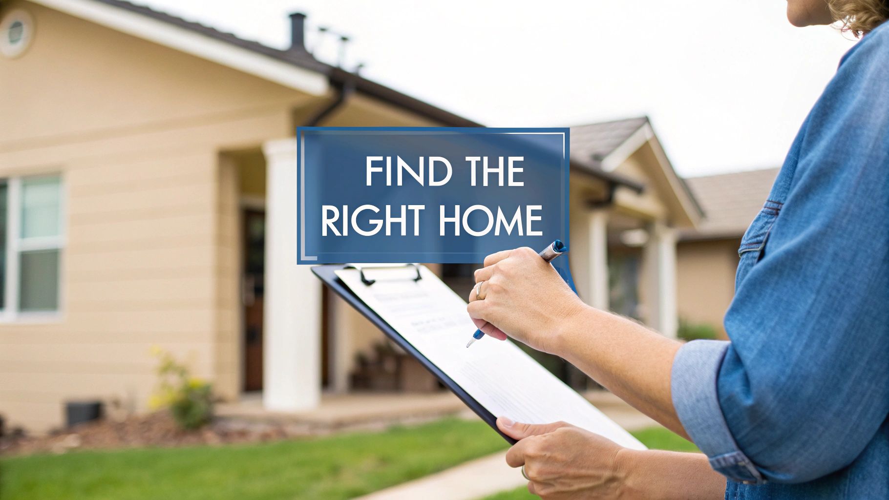 A person holds a clipboard and pen in front of a house, with a graphic saying 'FIND THE RIGHT HOME'.