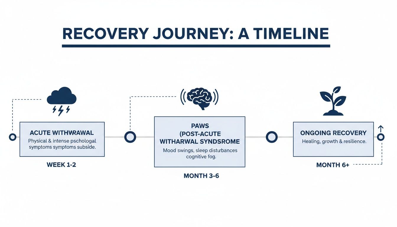 A recovery journey timeline outlining three stages: acute withdrawal, PAWS, and ongoing recovery.