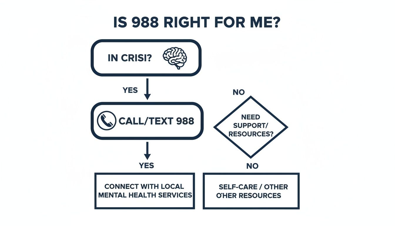 A flowchart guiding users on when to call or text 988 for mental health support.