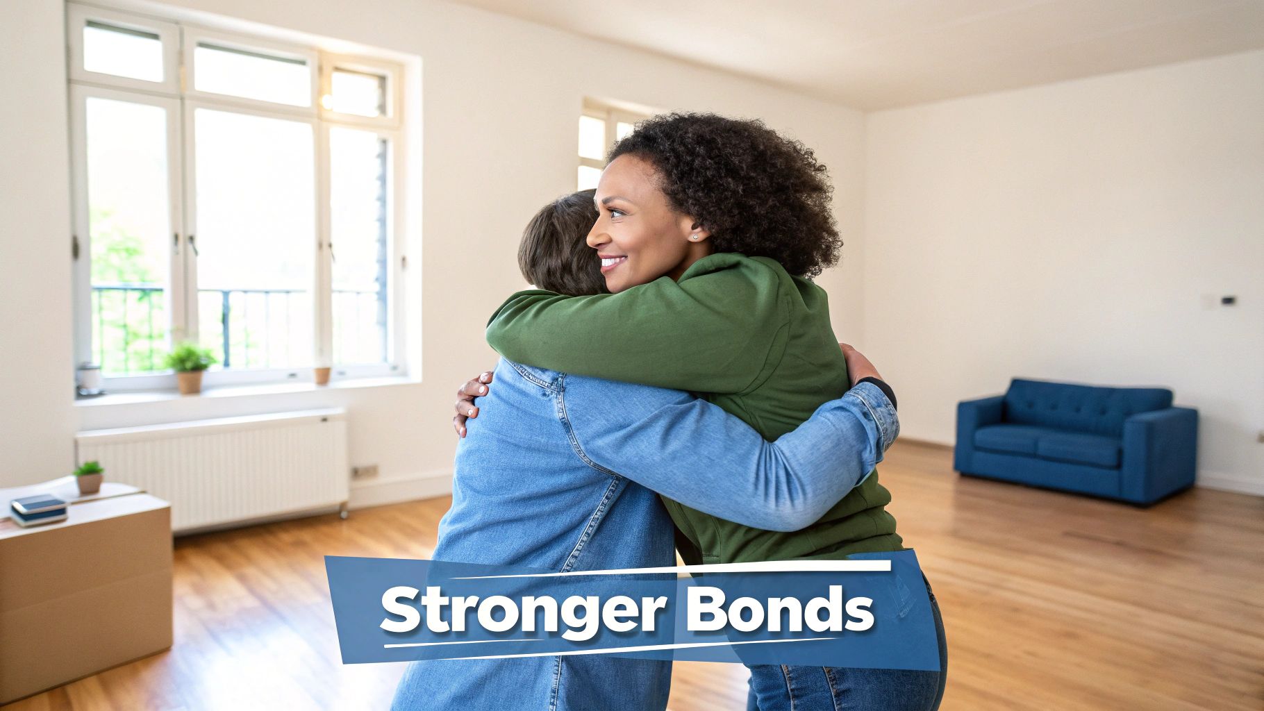 A mother and her adult daughter share a warm, heartfelt hug in their cozy living room, symbolizing a mended, stronger relationship.