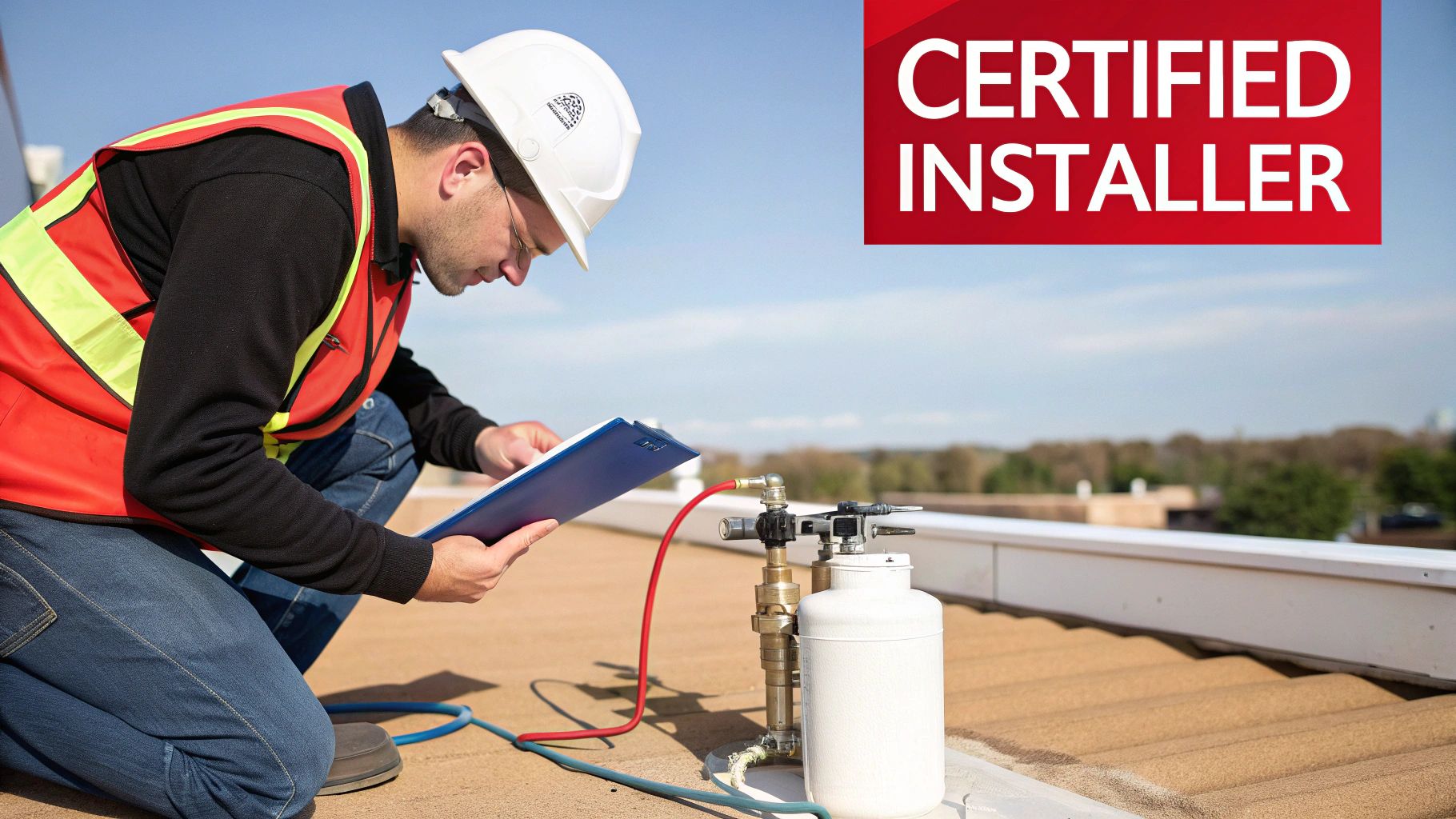 Certified installer in hard hat and safety vest inspecting spray foam roofing equipment on a commercial roof.