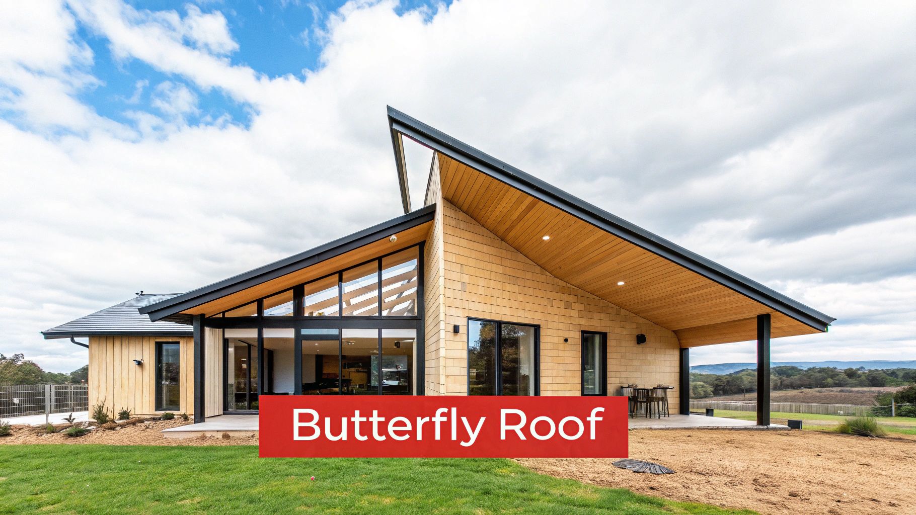 A stunning modern house featuring a unique butterfly roof design, natural wood siding, and large glass windows.