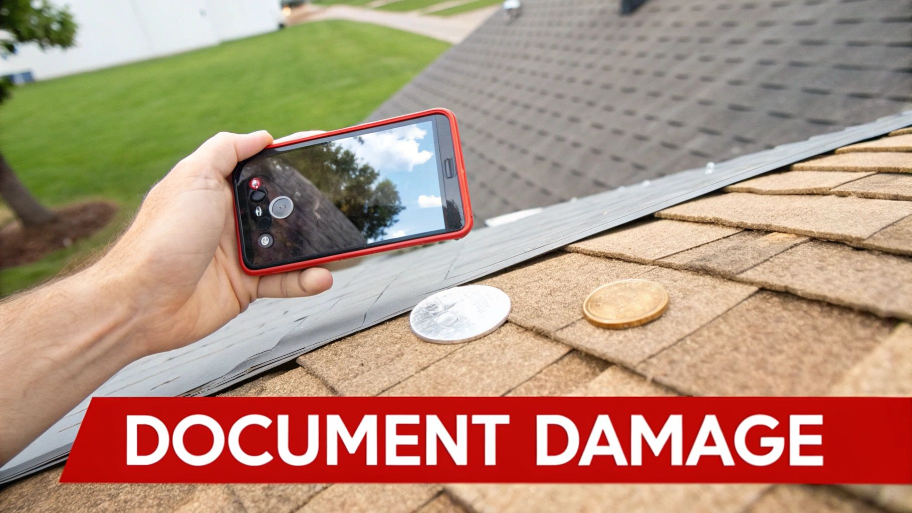 A homeowner taking a close-up photo of hail damage on an asphalt shingle with a quarter next to it for scale.