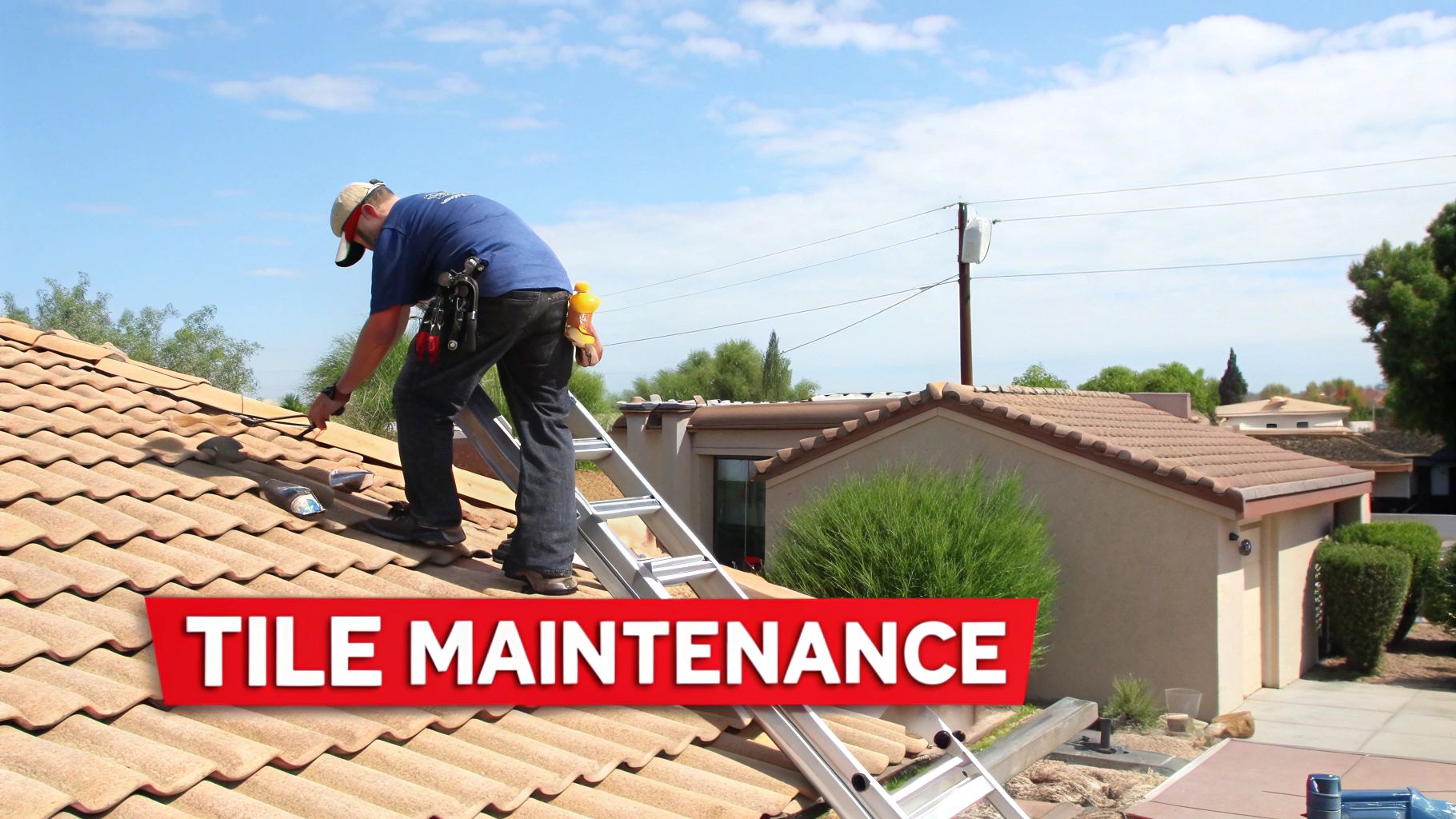 A worker on a residential tile roof, performing maintenance with tools and a ladder under a clear sky.