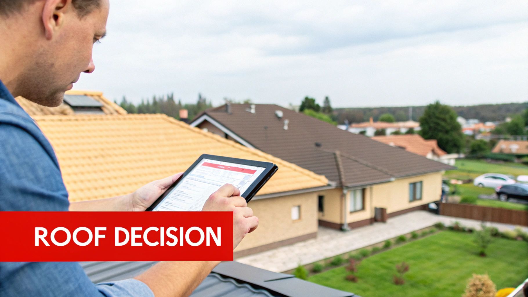 Man on a roof reviewing a tablet, making a roof decision with houses in background.
