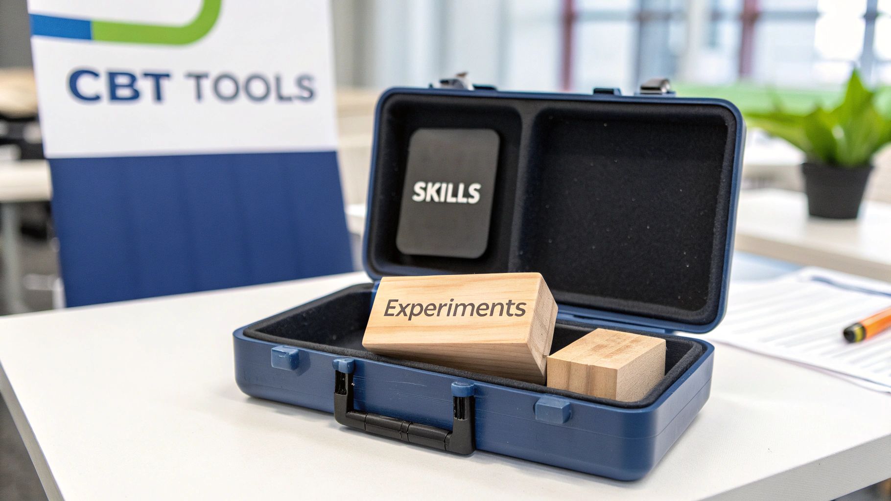 Open blue case with 'Experiments' wooden block and 'SKILLS' card, next to a 'CBT TOOLS' sign.
