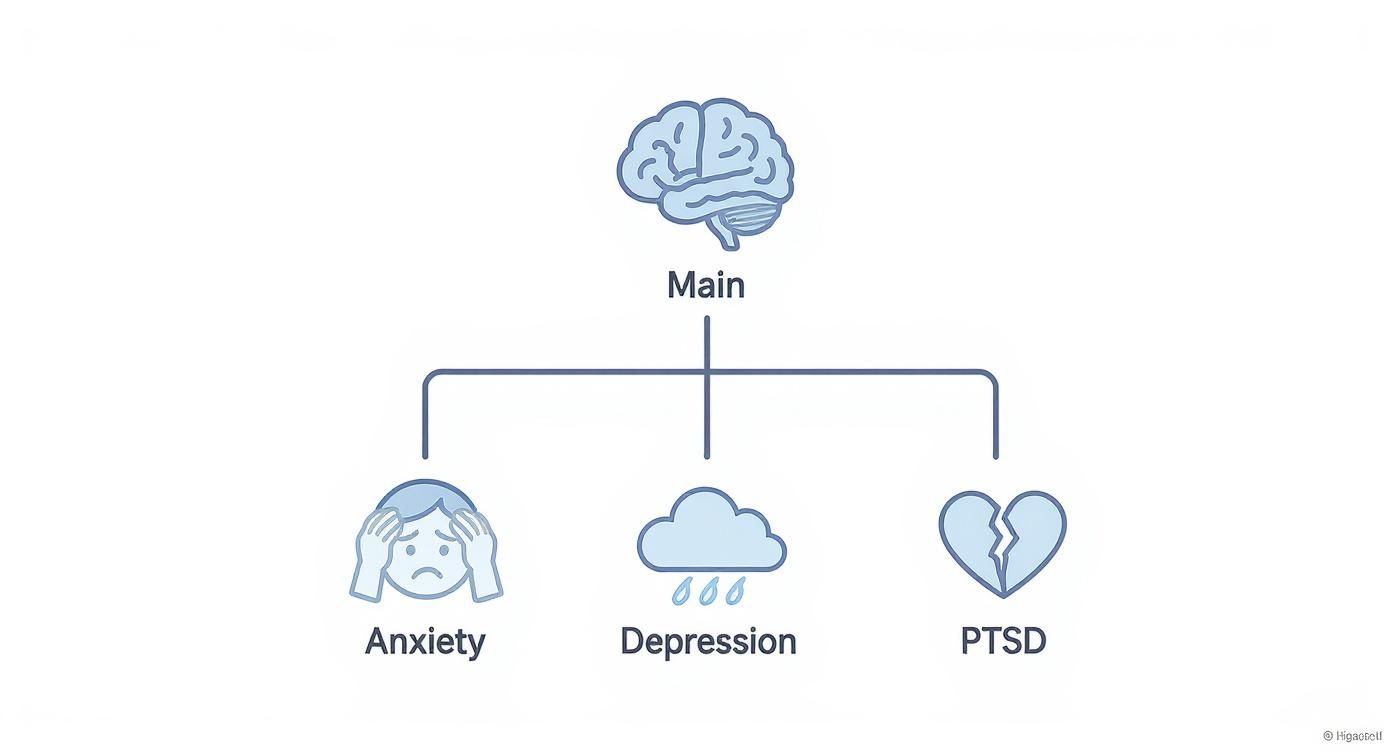 A diagram shows a brain labeled 'Main' connected to 'Anxiety', 'Depression', and 'PTSD' icons.