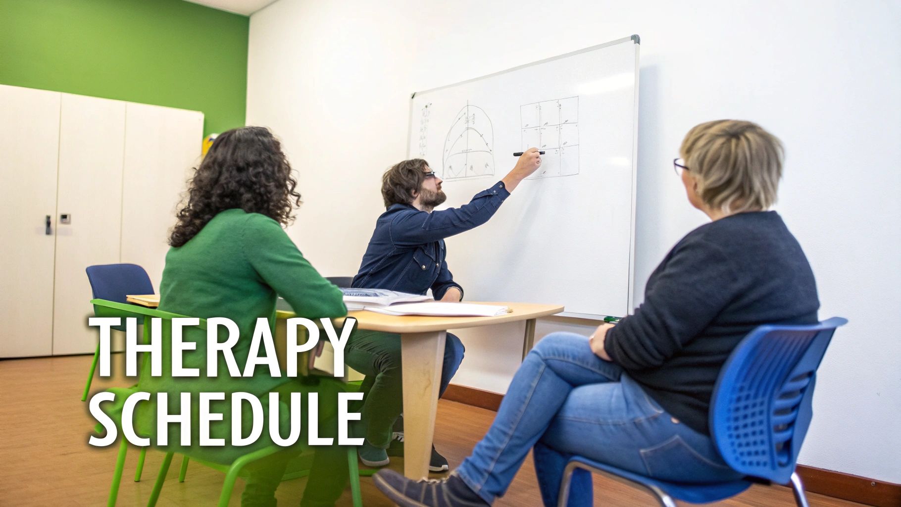 Three individuals, including a therapist using a whiteboard, in a group therapy session.