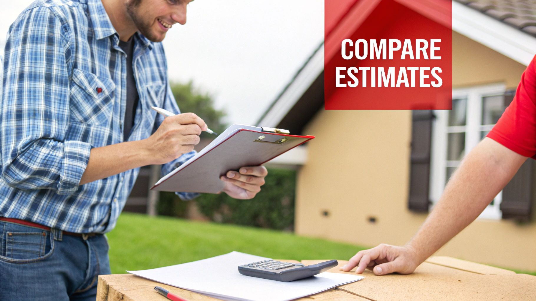 A roofing contractor showing a homeowner a detailed estimate on a clipboard.