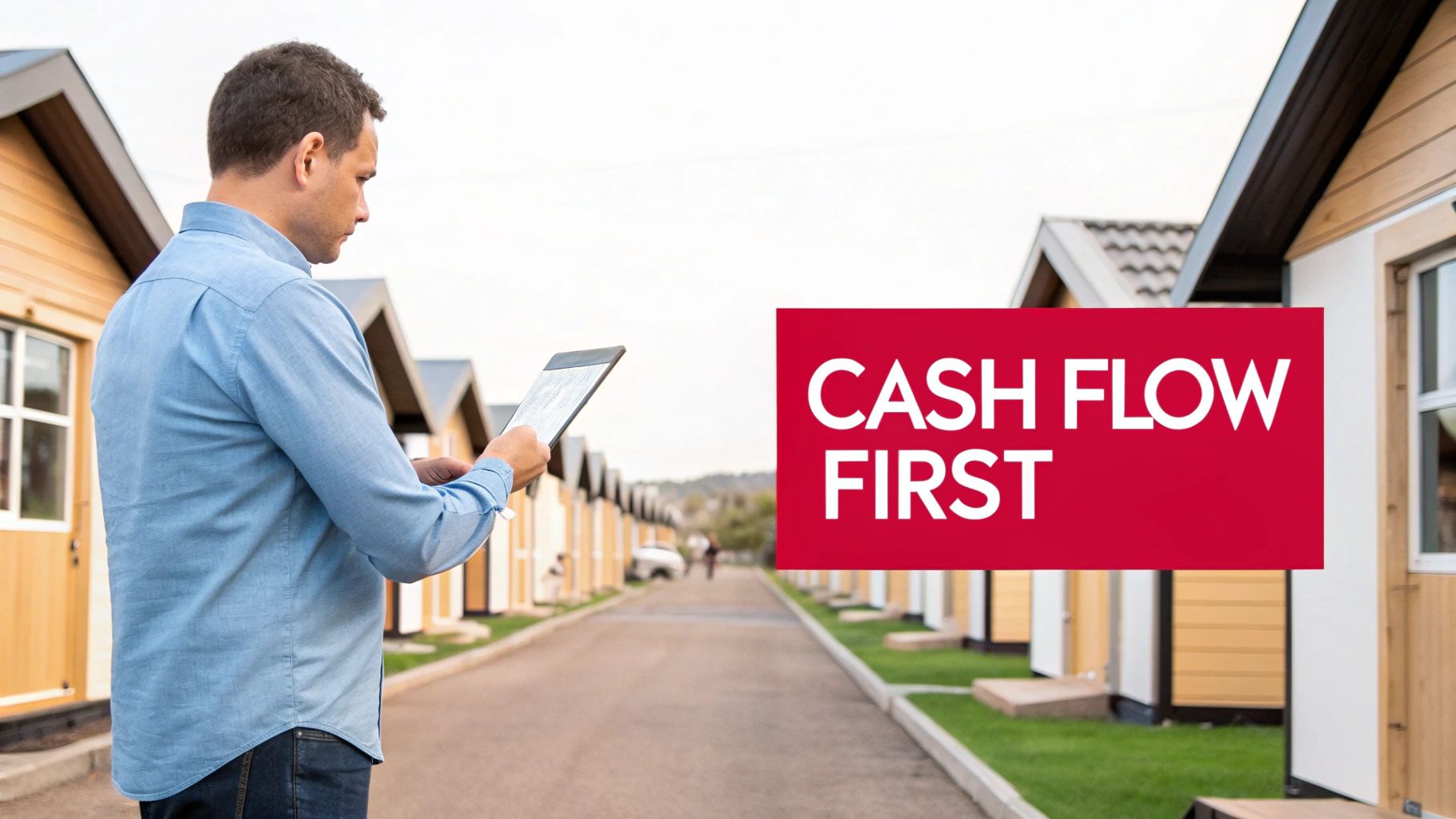 Mastering Rental Property Cash Flow Analysis for Beginners A man analyzes data on a tablet in front of rental properties, with 'CASH FLOW FIRST' overlaid.